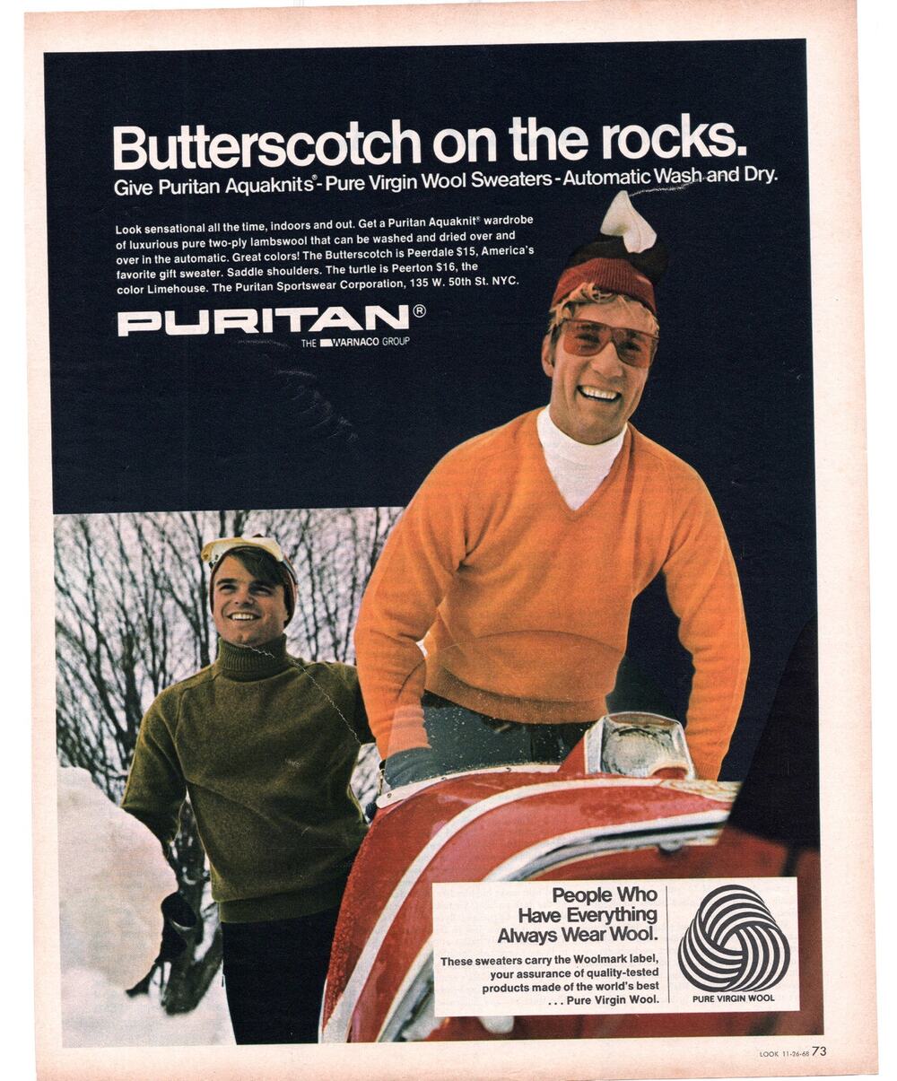 Puritan Aquaknits Wool Sweaters Advertisement 1968 Fashion Winter Snowmobile Vtg